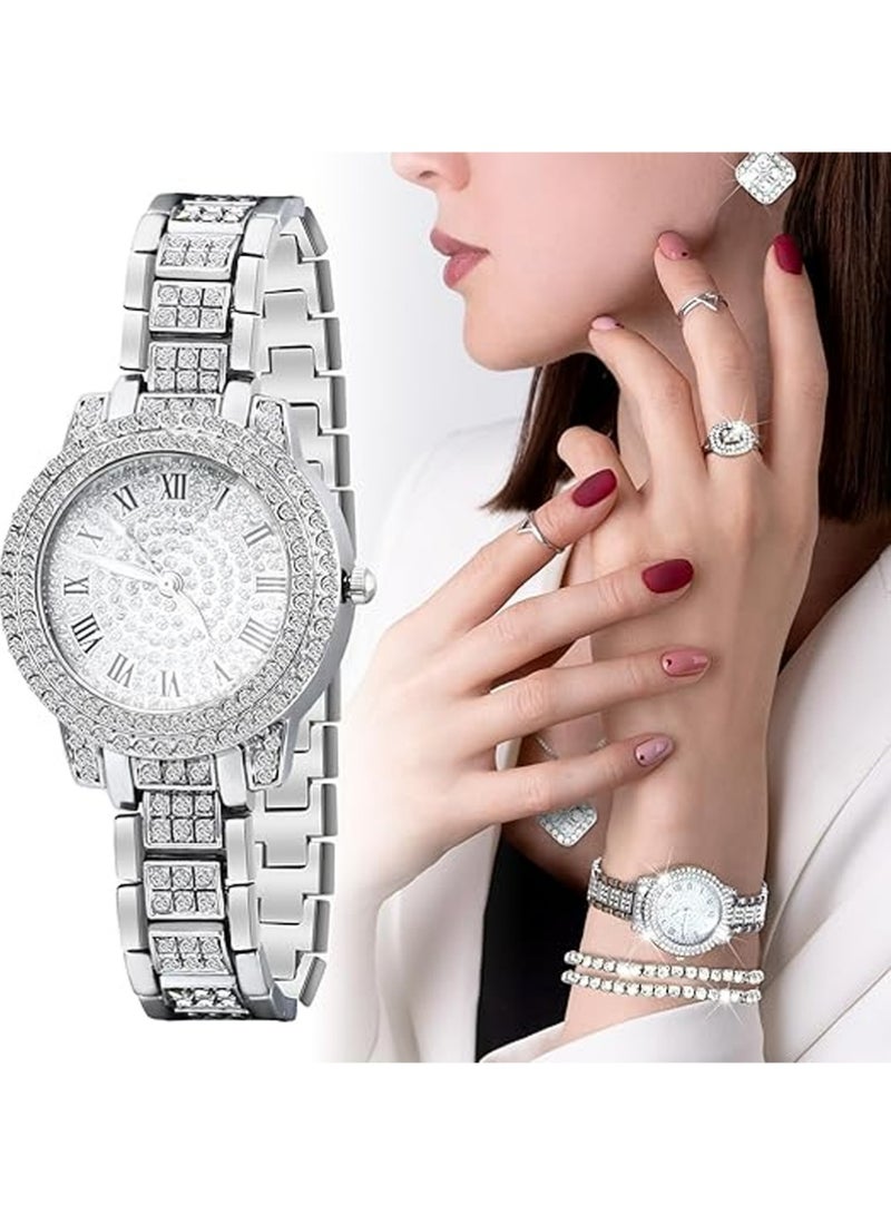 PULUZ 7 Pcs Luxury Women Watch and Bracelet Set Elegant Rhinestone Jewelry Quartz Watch and Women's Wrist Bangle Diamond Ring Necklace Earrings Set with Box for Wife Ladies Gift - Image 4
