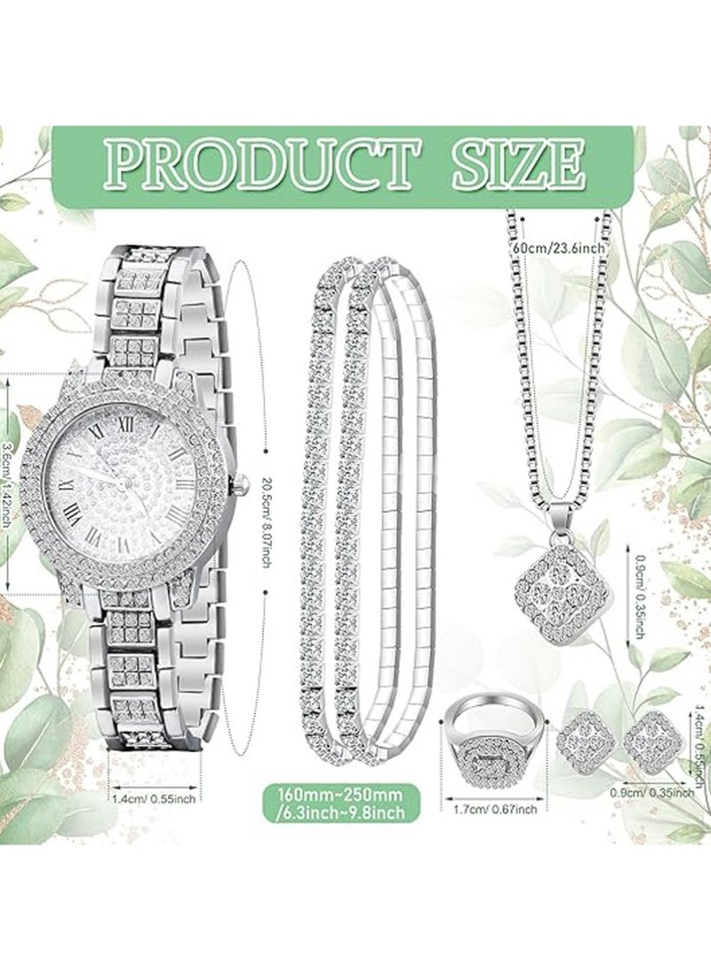 PULUZ 7 Pcs Luxury Women Watch and Bracelet Set Elegant Rhinestone Jewelry Quartz Watch and Women's Wrist Bangle Diamond Ring Necklace Earrings Set with Box for Wife Ladies Gift - Image 2