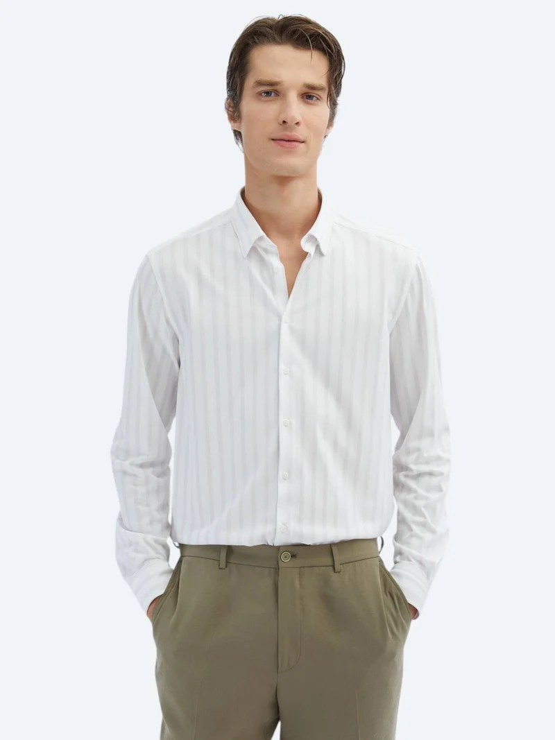 Kip Light Beige Striped Regular Fit Long Knitting Casual Cotton Blended Shirt