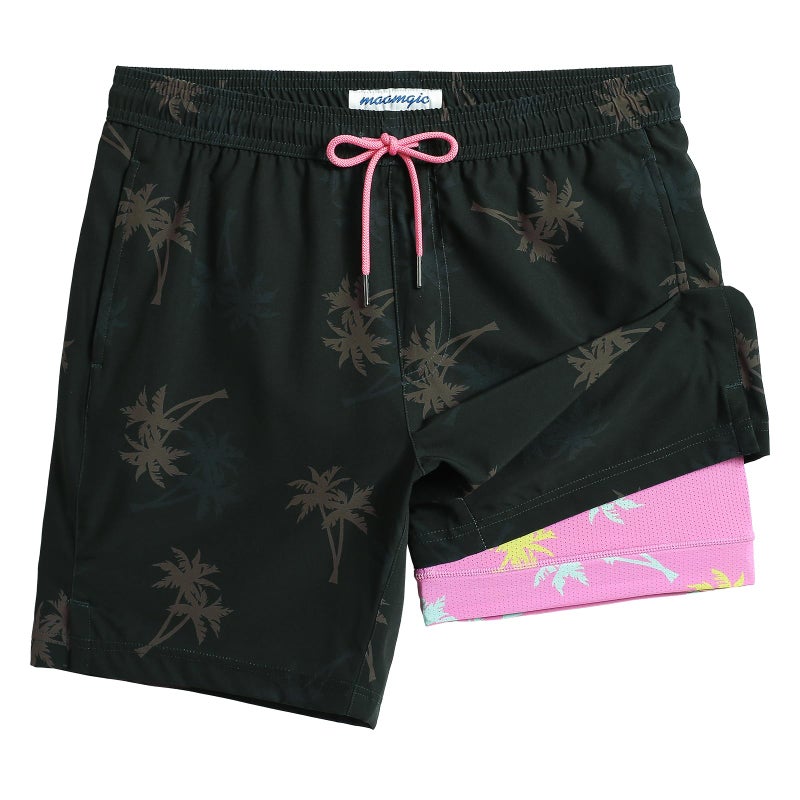 maamgic Mens Swim Trunks with Compression Liner 7 Inch Inseam Mens Bathing Suit Quick Dry Swimming Trunks Swimsuit Palmtree Black Pink X-Large - Image 1