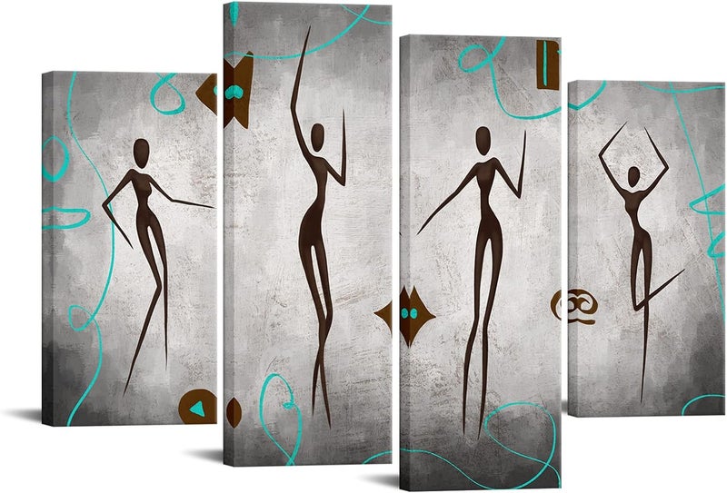 FuShvre 4 Panel Abstract African Canvas Art Decor Vintage Dancing Black Woman with Teal Bohemian Pattern Wall Picture Print Grey Framed Artwork for Dancing Room Bedroom Living Room Ready to Hang - Image 1
