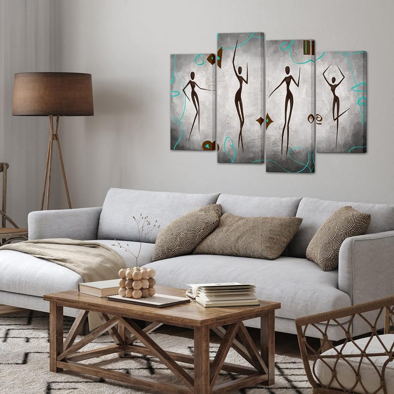 FuShvre 4 Panel Abstract African Canvas Art Decor Vintage Dancing Black Woman with Teal Bohemian Pattern Wall Picture Print Grey Framed Artwork for Dancing Room Bedroom Living Room Ready to Hang - Image 2