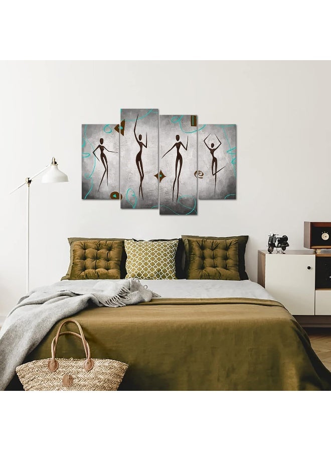 FuShvre 4 Panel Abstract African Canvas Art Decor Vintage Dancing Black Woman with Teal Bohemian Pattern Wall Picture Print Grey Framed Artwork for Dancing Room Bedroom Living Room Ready to Hang - Image 4