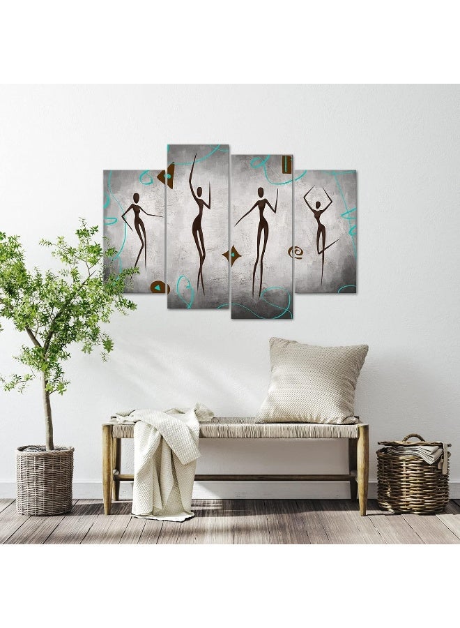 FuShvre 4 Panel Abstract African Canvas Art Decor Vintage Dancing Black Woman with Teal Bohemian Pattern Wall Picture Print Grey Framed Artwork for Dancing Room Bedroom Living Room Ready to Hang - Image 3