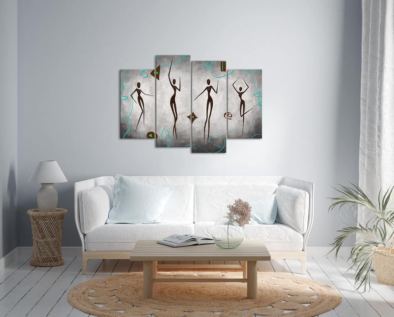 FuShvre 4 Panel Abstract African Canvas Art Decor Vintage Dancing Black Woman with Teal Bohemian Pattern Wall Picture Print Grey Framed Artwork for Dancing Room Bedroom Living Room Ready to Hang - Image 5