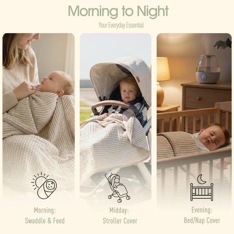 HardNok Ultra Soft Muslin Baby Blanket - Made with Organic Cotton, Gender Neutral Warm Coffee Striped Jacquard, Swaddle & Crib Quilt, 43x43 Inches (Horizon Dune) - Image 4