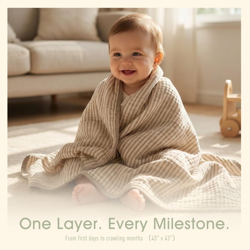 HardNok Ultra Soft Muslin Baby Blanket - Made with Organic Cotton, Gender Neutral Warm Coffee Striped Jacquard, Swaddle & Crib Quilt, 43x43 Inches (Horizon Dune) - Image 2