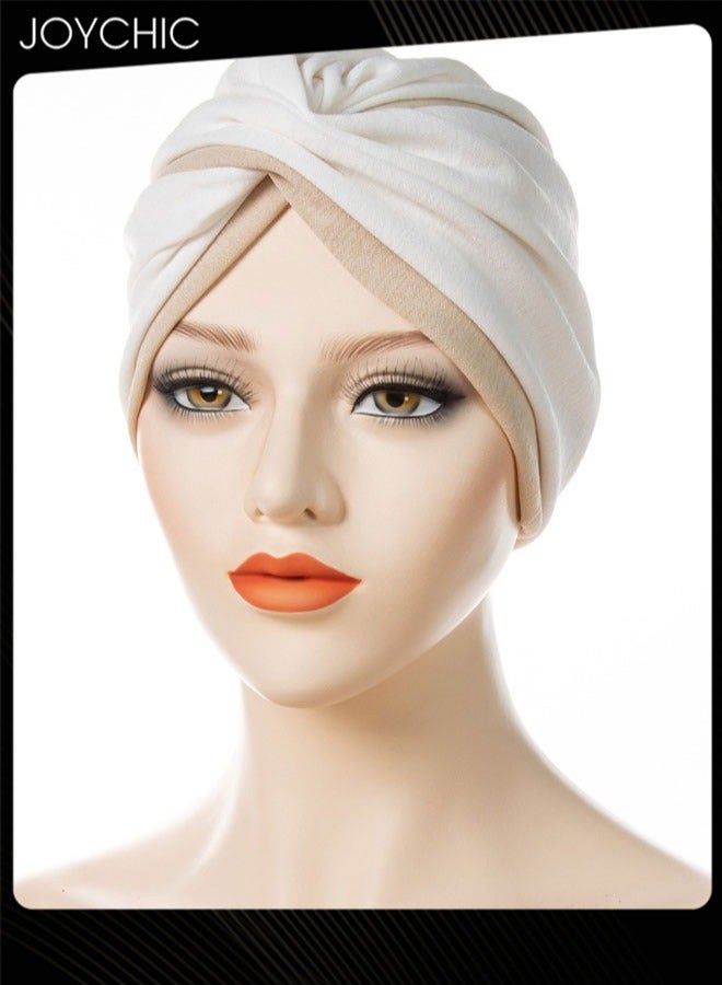 Joychic Muslim Hijab Instant Hijab for Women two-color Stitching Forehead Cross Turban Islamic  Fashion Cotton Head Cover for Women and Girls White+Beige