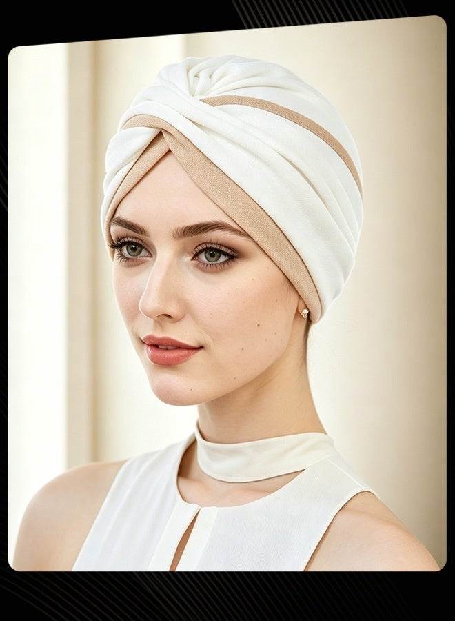 Joychic Muslim Hijab Instant Hijab for Women two-color Stitching Forehead Cross Turban Islamic  Fashion Cotton Head Cover for Women and Girls White+Beige - Image 1