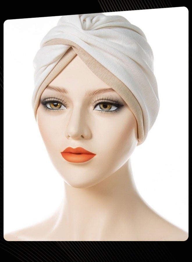 Joychic Muslim Hijab Instant Hijab for Women two-color Stitching Forehead Cross Turban Islamic  Fashion Cotton Head Cover for Women and Girls White+Beige - Image 3