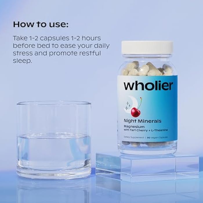 wholier Magnesium Glycinate, L-Theanine, Tart Cherry Juice. Natural Support for Sleep, Stress + Relaxation. Melatonin-Free. Night Minerals. (60 Vegan Capsules) Glass Bottle - Image 4