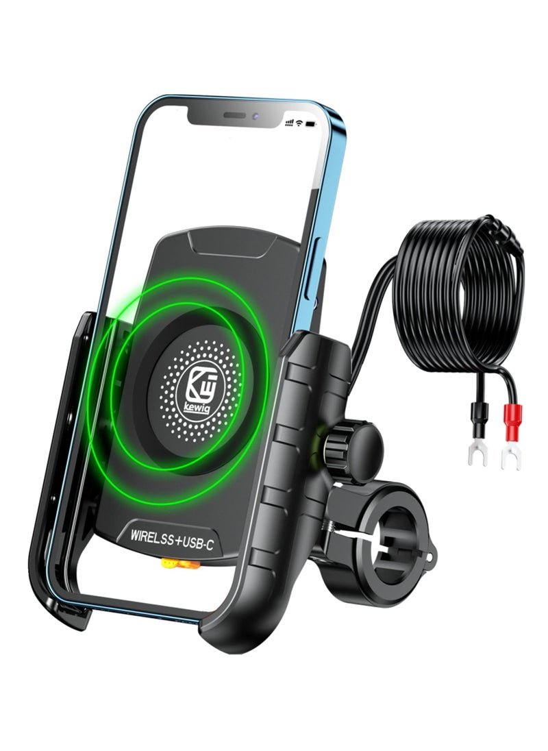 erorex Motorcycle Phone Mount with Qi 15W Wireless Charger & USB C 20W Fast Charging Port Anti Slip Aluminum Alloy Mounting Base IP66 Waterproof Handlebar Cell Phone Holder for Cellphone  - Image 1