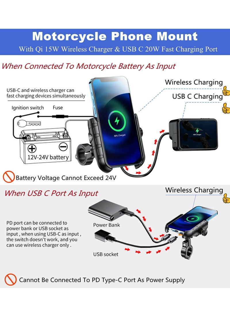 erorex Motorcycle Phone Mount with Qi 15W Wireless Charger & USB C 20W Fast Charging Port Anti Slip Aluminum Alloy Mounting Base IP66 Waterproof Handlebar Cell Phone Holder for Cellphone  - Image 5