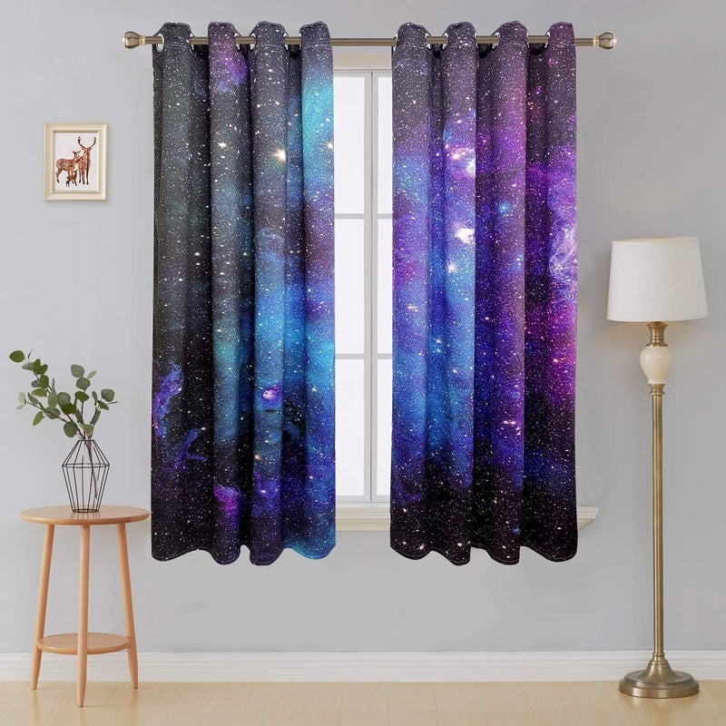 Riyidecor Galaxy Outer Space 100 Blackout Curtains Universe Nebula 2 Panels Each 42 x 63 Inch Dark Blue Night Starry Printed Living Room Darkening Bedroom Window Drapes Treatment Fabric WWCLLE