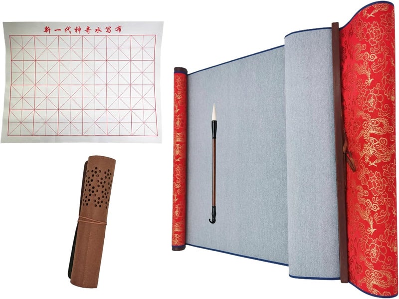 Ellkee 2 Pcs Reusable Chinese Calligraphy Water Writing Cloth, Inkless calligraphy Practice Paper with Felt Pencil Case & 1 Brush, Water-based Writing Cloth for beginners(4 Items) - Image 1