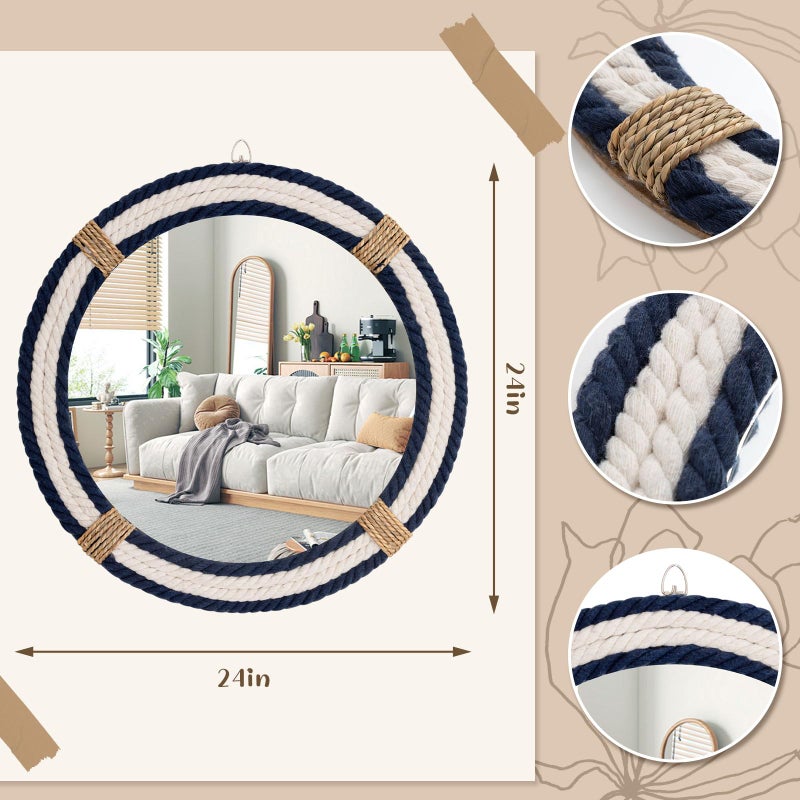 Vercraft Nautical Coastal Mirror 24 Wall Decor with Rope Wrapped Trim and Hanging Loop Round Circle Nursery Mirror Nautical Boho Rustic Decorative for Living Room, Bedroom Blue and White - Image 2