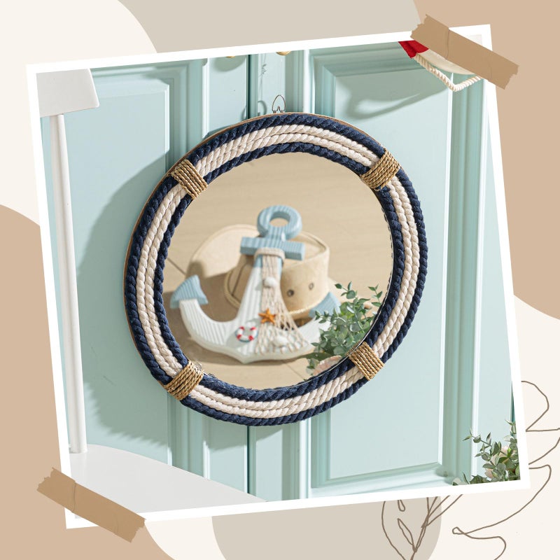 Vercraft Nautical Coastal Mirror 24 Wall Decor with Rope Wrapped Trim and Hanging Loop Round Circle Nursery Mirror Nautical Boho Rustic Decorative for Living Room, Bedroom Blue and White - Image 4