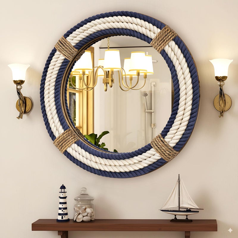 Vercraft Nautical Coastal Mirror 24 Wall Decor with Rope Wrapped Trim and Hanging Loop Round Circle Nursery Mirror Nautical Boho Rustic Decorative for Living Room, Bedroom Blue and White - Image 1