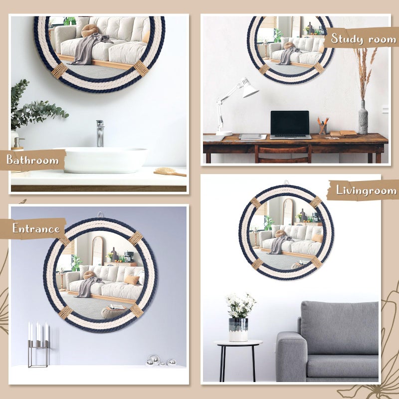 Vercraft Nautical Coastal Mirror 24 Wall Decor with Rope Wrapped Trim and Hanging Loop Round Circle Nursery Mirror Nautical Boho Rustic Decorative for Living Room, Bedroom Blue and White - Image 5