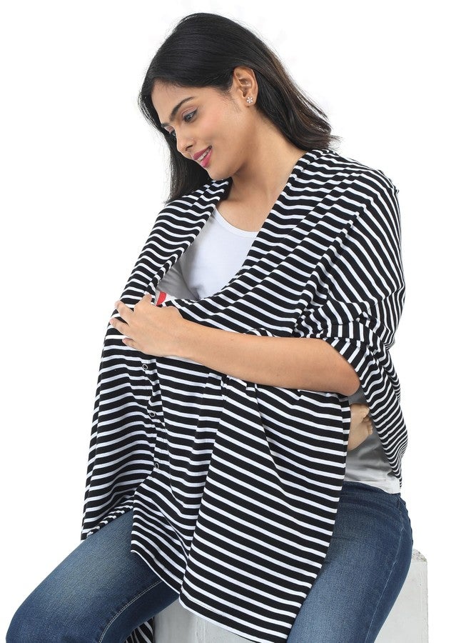 Kowsi Women Cotton Casual Style Soft Mother's Nursing & Feeding Shawl Feeding Cloak (Black Stripes) - Image 2