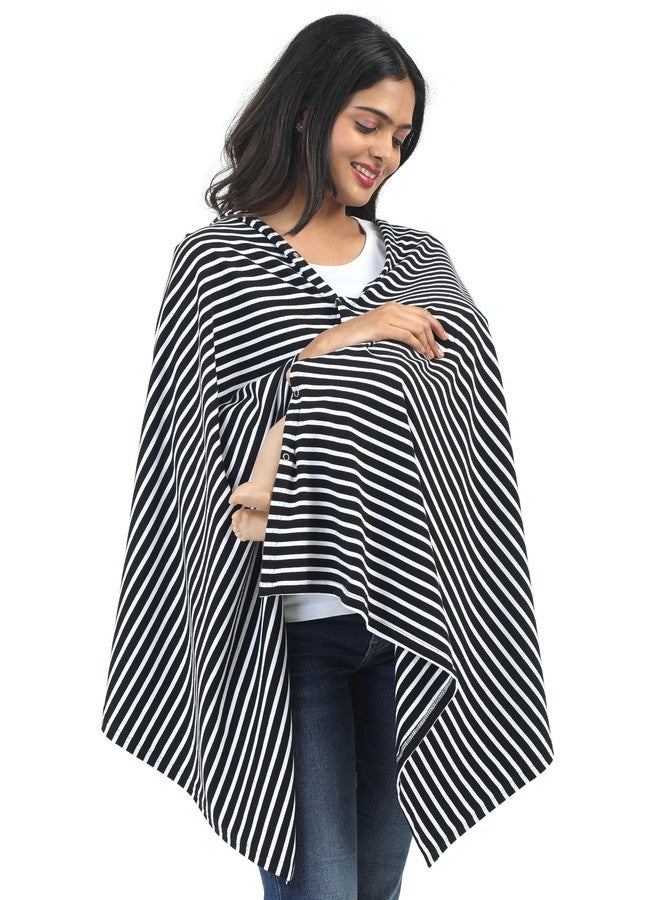Kowsi Women Cotton Casual Style Soft Mother's Nursing & Feeding Shawl Feeding Cloak (Black Stripes) - Image 1