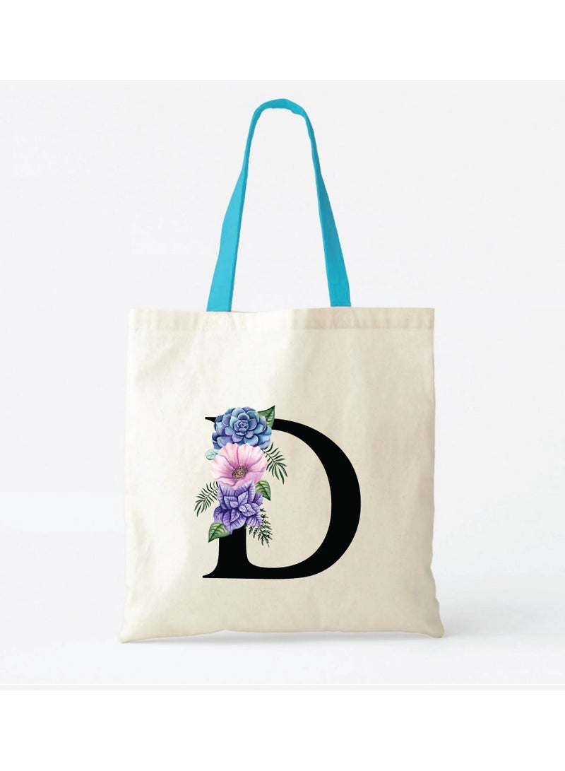 برينت شوب فور مي حقيبة حمل قطنية من القماش بأحرف أولية مع مقبض أزرق - هدايا مثالية لحقيبة وصيفات العروس - Image 2