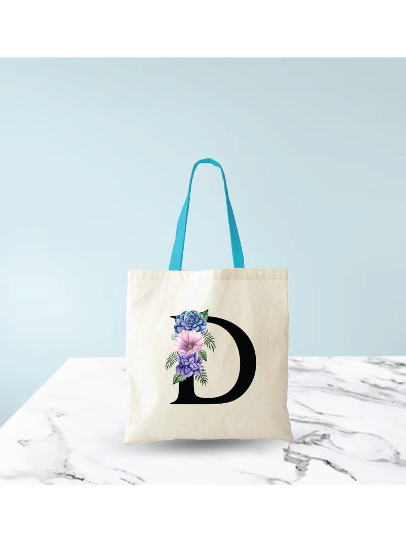برينت شوب فور مي حقيبة حمل قطنية من القماش بأحرف أولية مع مقبض أزرق - هدايا مثالية لحقيبة وصيفات العروس - Image 5