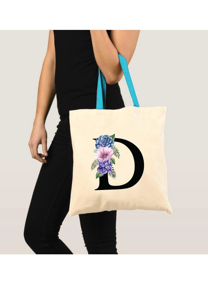 برينت شوب فور مي حقيبة حمل قطنية من القماش بأحرف أولية مع مقبض أزرق - هدايا مثالية لحقيبة وصيفات العروس - Image 3