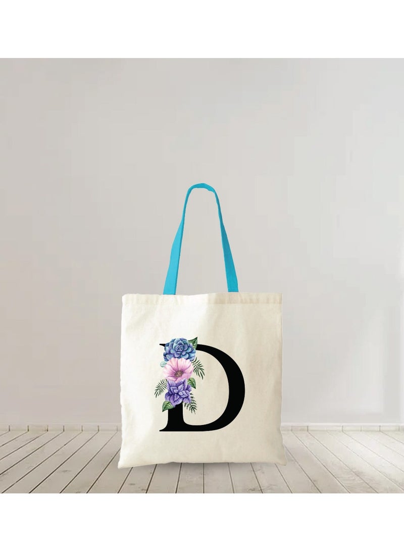 برينت شوب فور مي حقيبة حمل قطنية من القماش بأحرف أولية مع مقبض أزرق - هدايا مثالية لحقيبة وصيفات العروس - Image 4