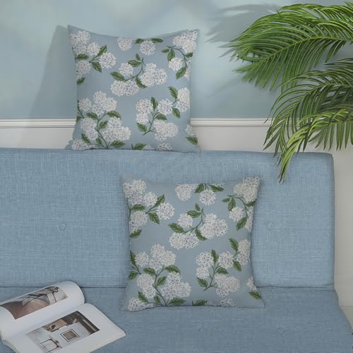 DAFENA Light Blue Pillow Covers 16x16 Inch 2 Pcs Blue Green Hydrangea Flower Decor Throw Pillows Vintage Floral Seasonal Spring Summer Outdoor Decoration Pillowcase Linen Cushion Cover for Couch Sofa - Image 3