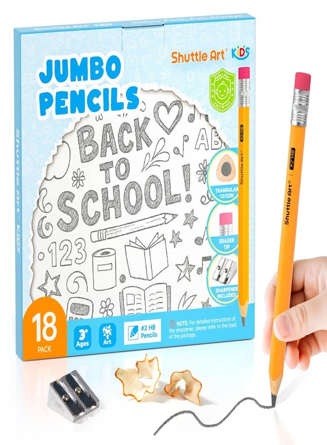 Shuttle Art Jumbo Pencils - 18 Pack Triangle Pre sharpened Pencils #2 HB with Top Erasers & Sharpener, for kids Ages 4-8, Kindergarten School Supplies, Ideal for Home, Classroom - Image 1