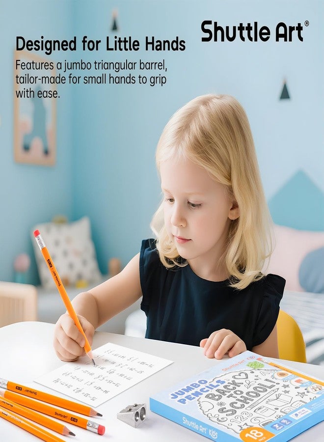 Shuttle Art Jumbo Pencils - 18 Pack Triangle Pre sharpened Pencils #2 HB with Top Erasers & Sharpener, for kids Ages 4-8, Kindergarten School Supplies, Ideal for Home, Classroom - Image 2