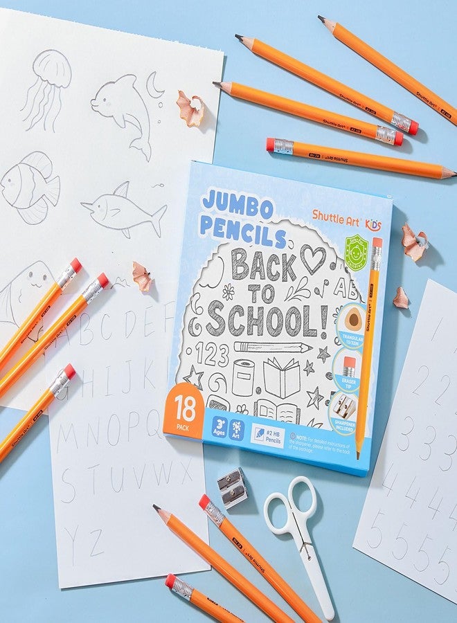 Shuttle Art Jumbo Pencils - 18 Pack Triangle Pre sharpened Pencils #2 HB with Top Erasers & Sharpener, for kids Ages 4-8, Kindergarten School Supplies, Ideal for Home, Classroom - Image 5