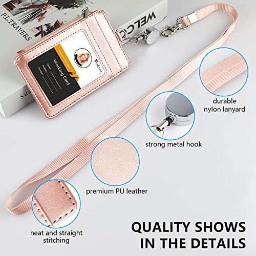 Teskyer Leather Badge Holder with Lanyard and Retractable Badge Reel, 4 Card Slots ID Card Holder with 1 Zipper Pocket for Office School Name Work IDs, Rose Gold - Image 3