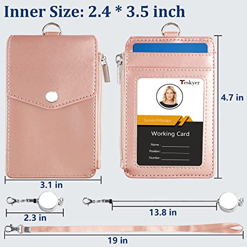 Teskyer Leather Badge Holder with Lanyard and Retractable Badge Reel, 4 Card Slots ID Card Holder with 1 Zipper Pocket for Office School Name Work IDs, Rose Gold - Image 5