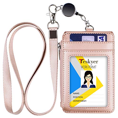 Teskyer Leather Badge Holder with Lanyard and Retractable Badge Reel, 4 Card Slots ID Card Holder with 1 Zipper Pocket for Office School Name Work IDs, Rose Gold - Image 1