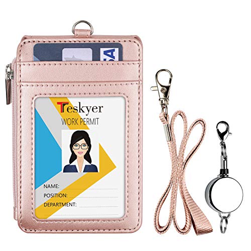Teskyer Leather Badge Holder with Lanyard and Retractable Badge Reel, 4 Card Slots ID Card Holder with 1 Zipper Pocket for Office School Name Work IDs, Rose Gold - Image 2