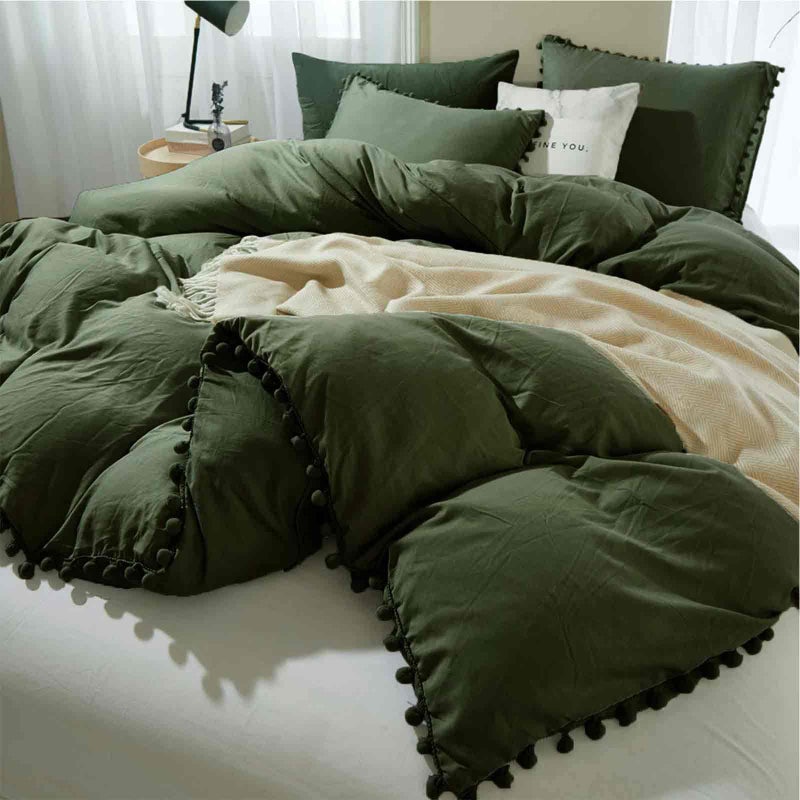 ETDIFFE Dark Olive Green Full Size Duvet Cover 3 Piece Boho Farmhouse Pom Fringe Microfiber Comforter Cover Set Soft and Lightweight Bedding Quilt Cover