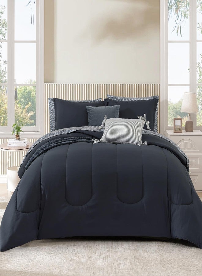 Monbix Full Comforter Set - 7 Pieces Blue Grey Bed in a Bag Full Size Track Stitching Bedding Sets, All Seasons Down Alternative Comforter with Sheets,Pillowcases & Shams - Image 1