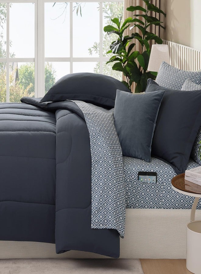 Monbix Full Comforter Set - 7 Pieces Blue Grey Bed in a Bag Full Size Track Stitching Bedding Sets, All Seasons Down Alternative Comforter with Sheets,Pillowcases & Shams - Image 3