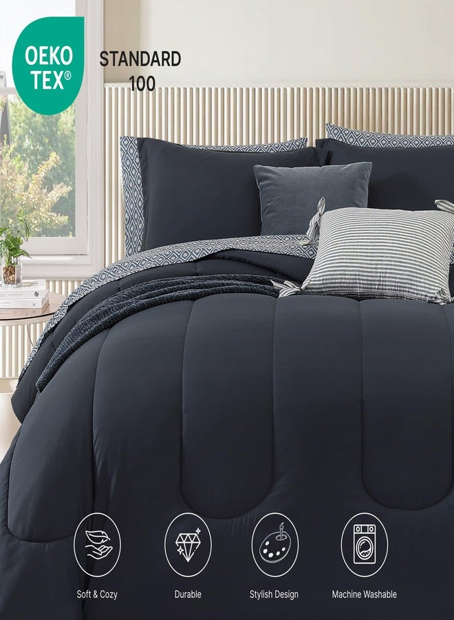 Monbix Full Comforter Set - 7 Pieces Blue Grey Bed in a Bag Full Size Track Stitching Bedding Sets, All Seasons Down Alternative Comforter with Sheets,Pillowcases & Shams - Image 4