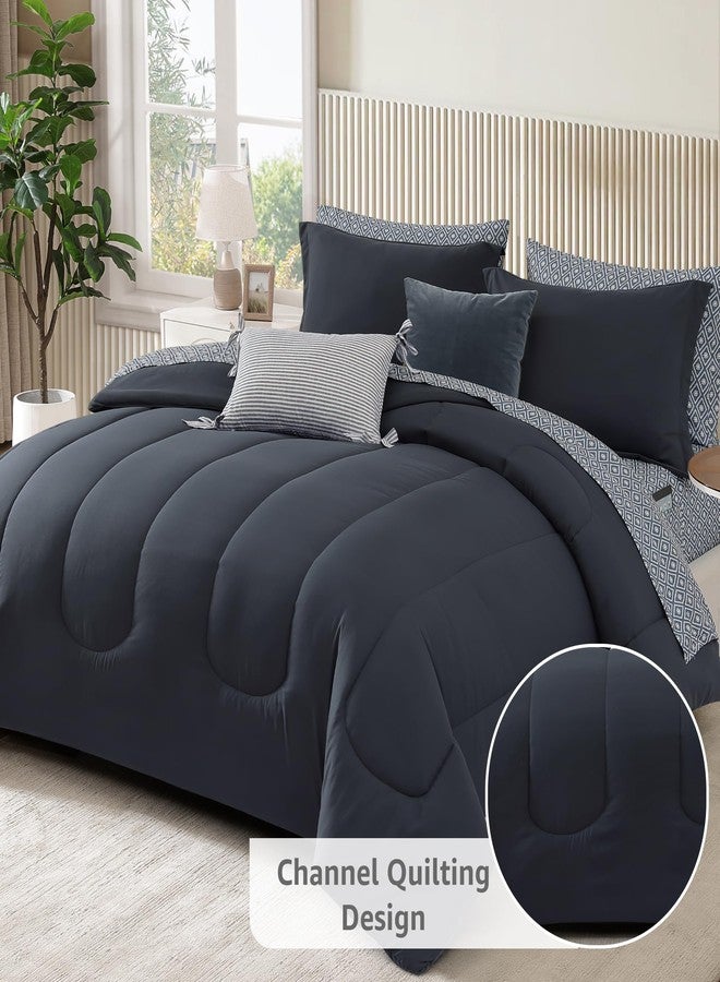 Monbix Full Comforter Set - 7 Pieces Blue Grey Bed in a Bag Full Size Track Stitching Bedding Sets, All Seasons Down Alternative Comforter with Sheets,Pillowcases & Shams - Image 2