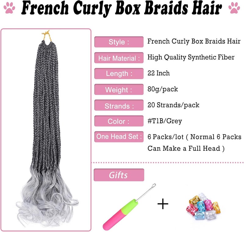Dorsanee French Curl Crochet Braids 22 Inch 6 Packs Goddess Box Braids Crochet Hair Pre Looped French Curly Braiding Hair Crochet Box Braids With Curly Wavy Ends Synthetic Hair Extensions (#1B/Gray) - Image 2