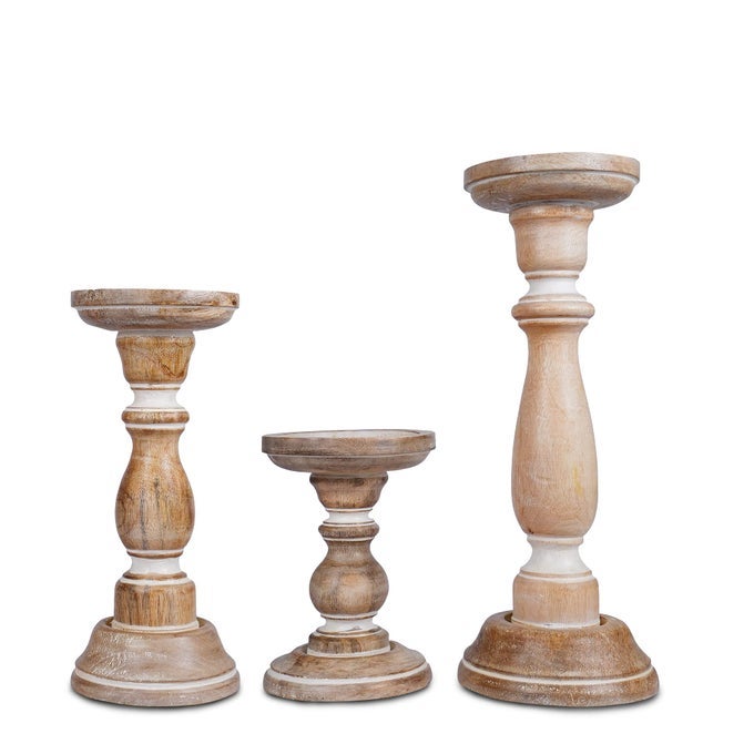 WHITEWASHED HAND CARVED WOODEN PILLAR CANDLE HOLDERS SET OF 3 TULI DECORATIVE STYLE CRAFTED FROM MANGO WOOD RUSTIC TABLE CENTERPIECE DECOR SIZED 6 9 AND 12