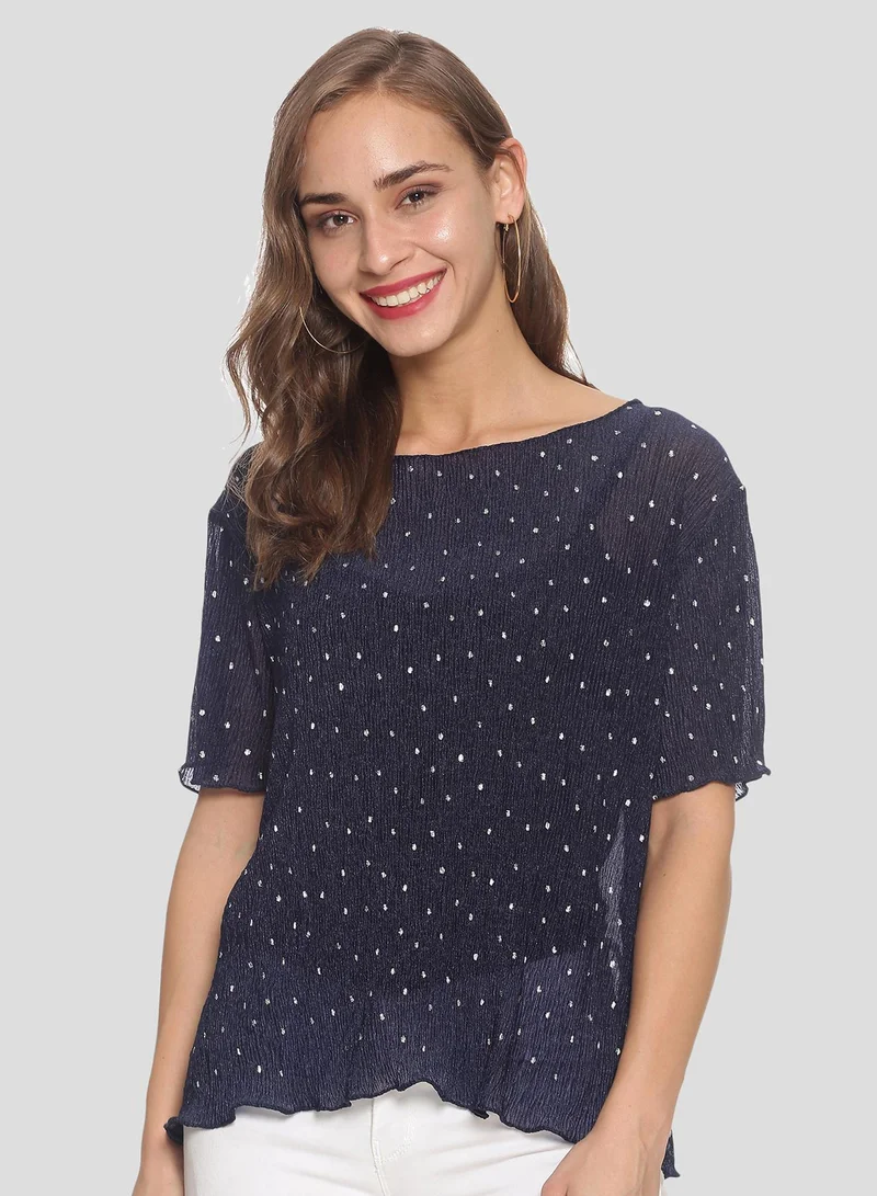 كامبوس سوترا بلوزة نسائية كحلية منقطة مجعدة