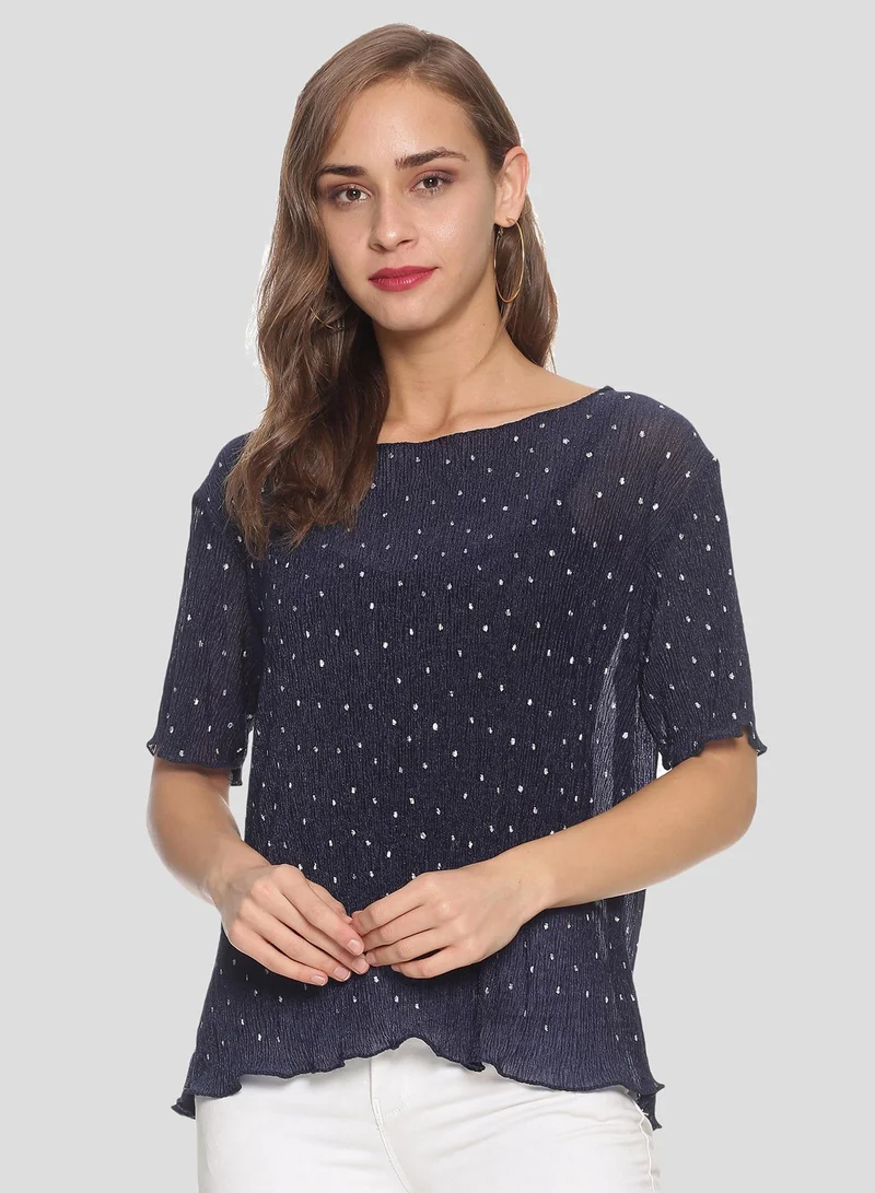 كامبوس سوترا بلوزة نسائية كحلية منقطة مجعدة