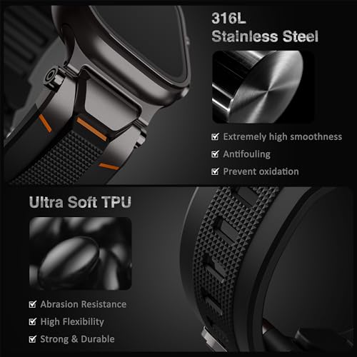 ULTIMAL Compatible with Apple Watch Ultra 3/2/1 band 49mm/46mm/45mm/44mm for Men, Silicone Strap with Durable Stainless Steel Buckle for Apple Watch Ultra 3/2/1 Series 11/10/9/8/7/6/5/4/3/SE3/SE2/SE (Black/Black) - Image 2