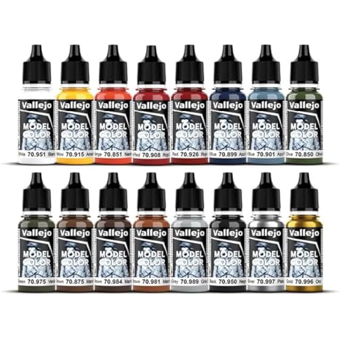 Vallejo 70101 - MODEL COLOR FOLKSTONE BASICS ACRYLIC PAINT SET - 16 X ASSORTED 17MILLIMETER COLOUR, BEIGE/BLUE/BROWN/GOLD/GREEN/GREY/ORANGE/RED/SILVER/YELLOW - Image 2