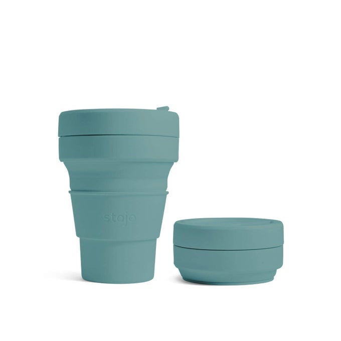 ONTHEGO COLLAPSIBLE COFFEE CUP 12OZ 355ML REUSABLE FOLDABLE SILICONE TRAVEL MUG WITH LID PORTABLE POCKET SIZE DISHWASHER SAFE EUCALYPTUS
