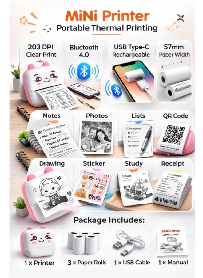 Mini Portable Thermal Printer – Wireless Bluetooth Inkless Printer, Rechargeable, 57mm Paper, Compatible with iOS & Android - Image 4